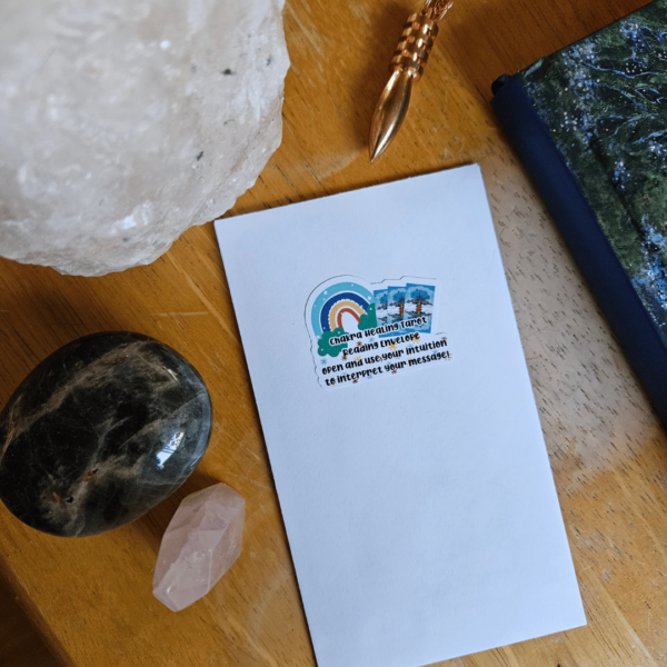 A white envelope contains 3 Tarot cards and sits on a wooden surface in the centre of the photo, with the corner of a journal, part of a salt tealight holder and the tip of a copper pendulum also on the wooden surface. A dark coloured palm stone and a smaller rose quartz stone sit near the envelope.