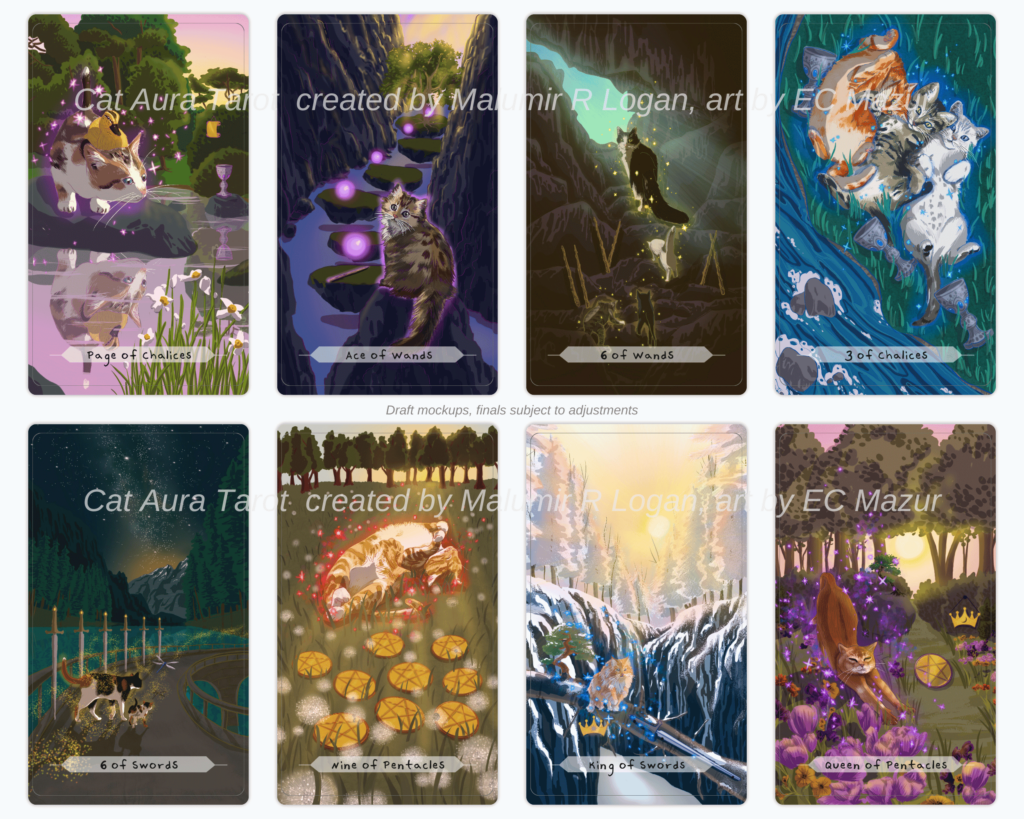 Eight Tarot cards from Cat Aura Tarot, a row of four on top and a row of four on the bottom. Cards in the top row include: Page of Chalices, Ace Wands, 6 of Wands and 3 of Chalices. Cards on bottom row include: 6 of Swords, 9 of Pentacles, King of Swords, Queen of Pentacles