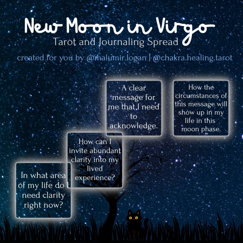 Text reads: New Moon in Virgo Tarot and Journaling Spread created for you by @malumir.logan | @chakra.healing.tarot. Questions typed out below in the blog post are contained in four glowing square frames against a background of a starry sky, and the shadows of trees, grass, and a cat with glowing eyes.