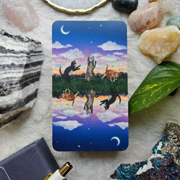 Cat Aura Tarot deck rests on a soft creamy surface, surrounded by crystals, a plant, a journal and pen.