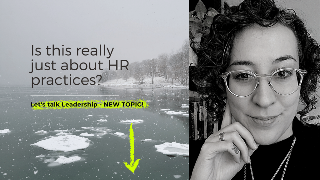Background image on the left of broken ice over a wintery lake view. Words read, "Is this really just about HR practices? Let's talk leadership - new topic". Image of a mixed heritage person on the right with dark curly chin length hair wearing glasses.